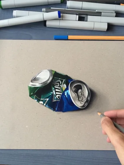 A finished realistic drawing of a crushed Sprite can. I enjoy the challenge of drawing crumpled metal, capturing all the sharp folds, shadows, and highlights.