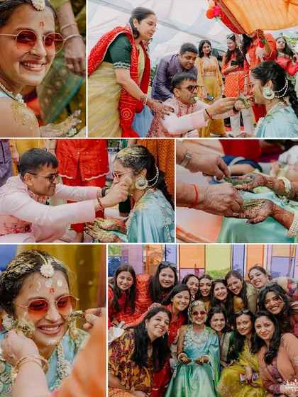 A collage of the bride's Haldi, capturing the smiles, the traditions, and the playful moments with her friends and family.
