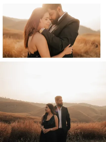 A two-panel layout showing a romantic embrace and a serene portrait of the couple against the rolling hills, capturing the peaceful mood of the location.