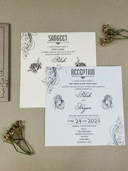 The inserts from the gold foil suite, showcasing clean, modern typography paired with classic decorative elements. This blend of styles creates a timeless and versatile look.