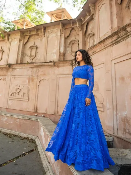 Another look at our stunning royal blue lehenga. The quality, fit, and flare are incredible, offering great value for money.
