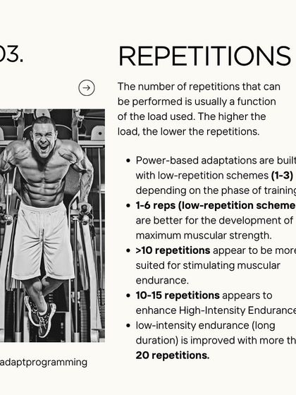 The third variable is Repetitions. The number of reps you can do is a function of the load. Low reps build power and strength, while high reps build muscular endurance.