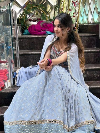 A beautiful guest makeup look. This client is wearing a stunning powder blue sharara, and we kept her makeup fresh and glowy with a simple hairstyle.