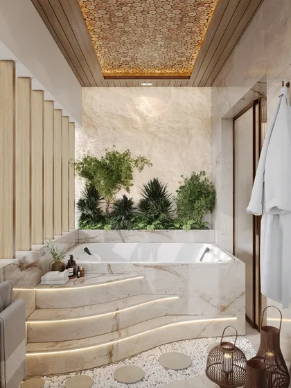 This spa-like master bathroom render was an exercise in creating tranquility through texture and light. I simulated the soft, indirect lighting on the curved marble steps leading to the bathtub and the way it interacts with the natural greenery. The goal was to produce a photorealistic image that communicates a feeling of a personal, serene retreat, validating the design's intent to be a sanctuary.