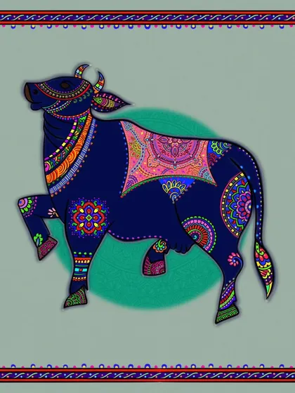 A slightly darker, navy blue variation of the Kamdhenu cow. This color gives the artwork a more grounded and profound feel, emphasizing the sacredness of the symbol.