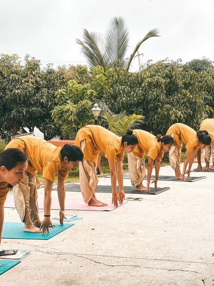 From our yoga shala, you can see students practicing Ardha Uttanasana (Half Standing Forward Bend) in the garden. The serene backdrop of mango trees and open sky makes every practice a communion with nature.