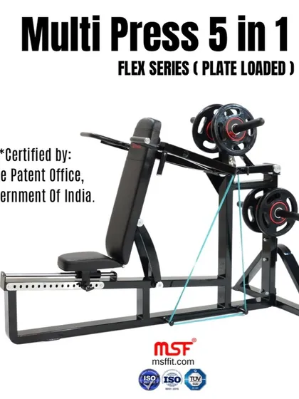 This is our patented Multi Press 5-in-1 from the Flex Series. It's a plate-loaded powerhouse engineered for chest press, incline press, shoulder press, reverse shoulder press, and shrugs.