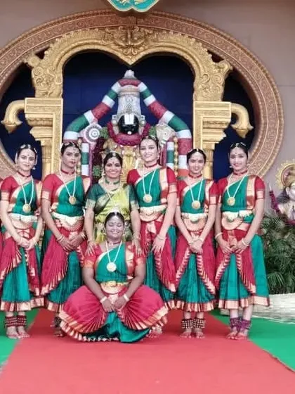 A full group photo with our dancers at the Naadaneerajanam stage in Tirumala.