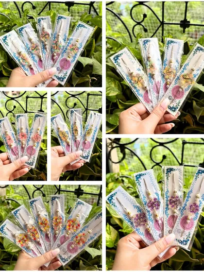 My floral resin rakhis are a bestseller. This collage shows different rakhis made with real, preserved flowers, ensuring that no two are exactly alike.