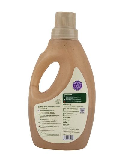 The back label of the natural laundry liquid, shot on white.