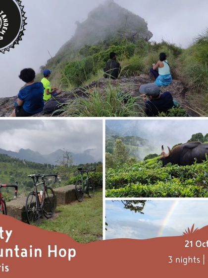 Another look at the 'Misty Mountain Hop' experience, featuring riders on a misty cliff, a close encounter with a gaur, and a rainbow over the hills.