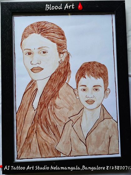 A unique family portrait of a mother and her young son. Painted with blood, this artwork creates a lasting and deeply personal connection between the subjects and the art itself.