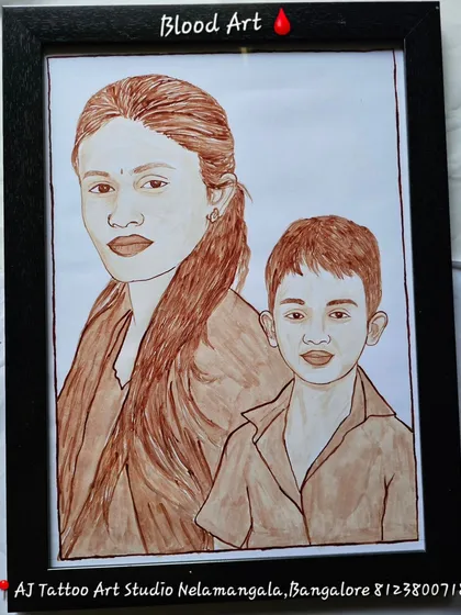 A unique family portrait of a mother and her young son. Painted with blood, this artwork creates a lasting and deeply personal connection between the subjects and the art itself.