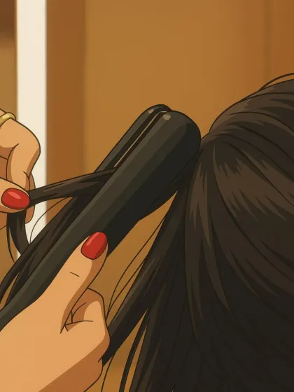 An illustration of hair being styled with a flat iron. This piece of art emphasizes the final touches that create a polished, perfect look.