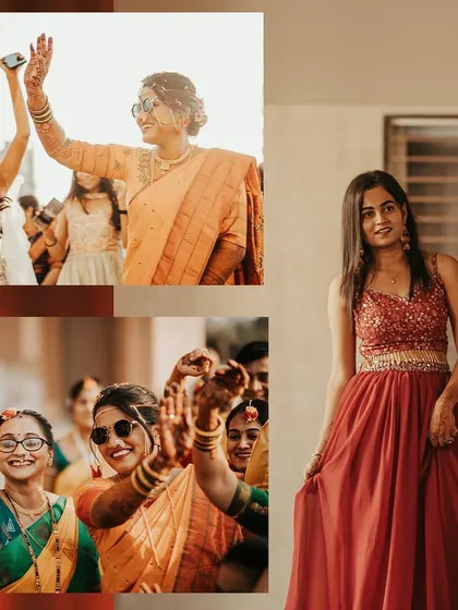 A collage capturing the fun and celebration with the bride and her friends and family on the wedding day.