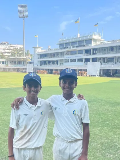 Aayush and Aarya at the iconic Brabourne Stadium (CCI). Both started with me at age 9, and their hard work has earned them a spot in the prestigious Raj Singh Dungarpur U-15 Cup.