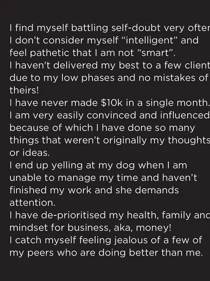 A list of my real struggles, from battling self-doubt and jealousy to deprioritizing my health for business. I share this because growth isn't a perfect, straight line.