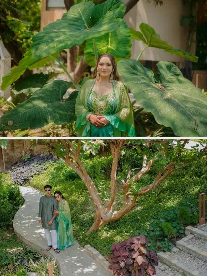 A diptych from Shubhi and Kunal's mehndi in Jim Corbett. The top shows a beautiful portrait of the bride against lush foliage, and the bottom captures the couple in the beautiful resort landscape.