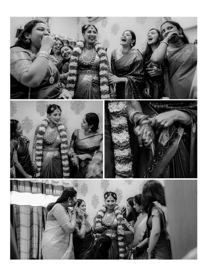 A black and white collage capturing the bride sharing laughter and secrets with her bridesmaids and family. These candid moments with her support system are priceless.