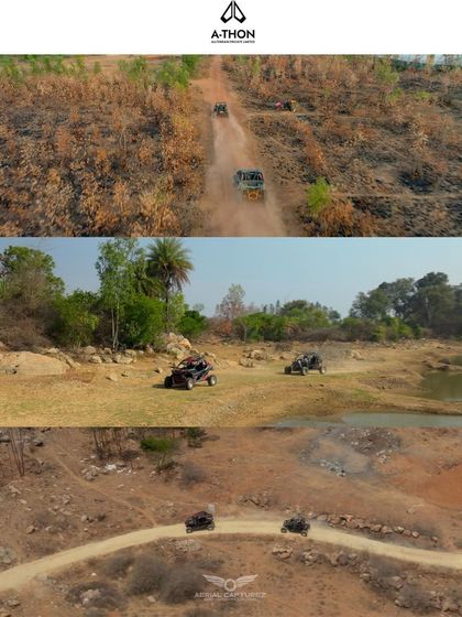 Sweeping aerial shots of multiple Ashva 4x4 UTVs navigating a challenging off-road trail. Our drone footage is perfect for showing vehicles in their natural element.