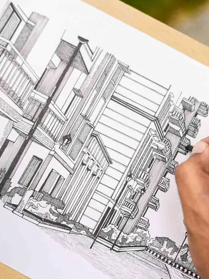 A close-up of an architectural drawing in progress. You can see the fine line work and perspective I use to bring buildings to life on paper.