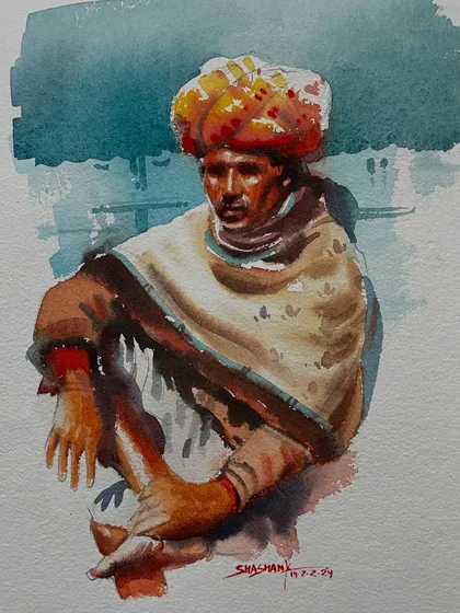 The vibrant colors of this man's turban were the inspiration for this watercolor portrait. I used bold reds and yellows to make the turban the focal point of the composition.