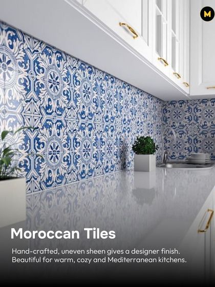The secret to a beautiful kitchen is often the backsplash. Here, handcrafted Moroccan tiles in blue and white create a stunning, designer finish that is perfect for a warm, Mediterranean-style kitchen.