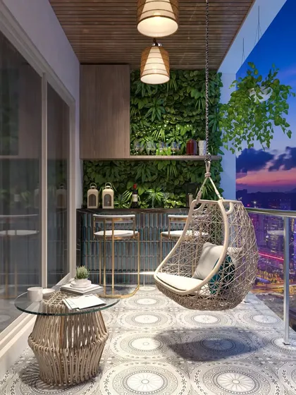 We extend our design philosophy to every part of the home, including outdoor spaces. This beautifully designed balcony features a cozy swing, a vertical garden, and a mini-bar, transforming it into a perfect urban oasis for relaxation.