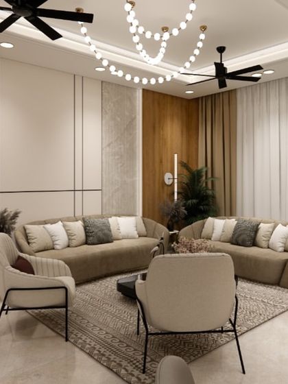 This render, inspired by Ghibli's magical aesthetic, shows a cozy and contemporary living room. The design uses a mix of wood and marble textures, with unique curved sofas and statement lighting to create a warm and inviting space.