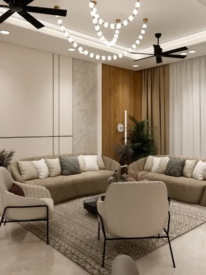 This render, inspired by Ghibli's magical aesthetic, shows a cozy and contemporary living room. The design uses a mix of wood and marble textures, with unique curved sofas and statement lighting to create a warm and inviting space.