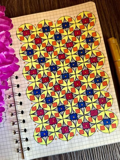 A bright and cheerful pattern in yellow, red, and blue.