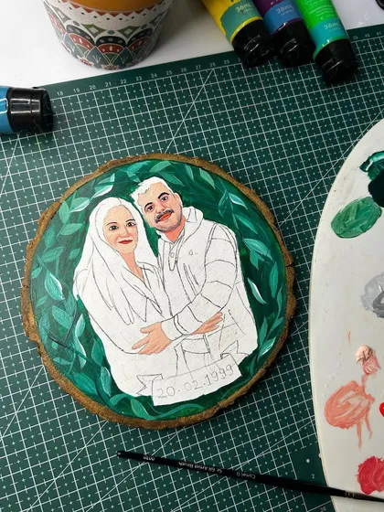 A work-in-progress shot of a custom portrait. You can see the base layers of the background and the initial white blocking for the figures before I add the colors and details.