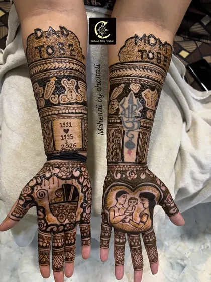 I love creating special designs for baby showers. This custom mehendi for a mom-to-be includes a family portrait, a baby cradle, and other personal elements to celebrate the new arrival.