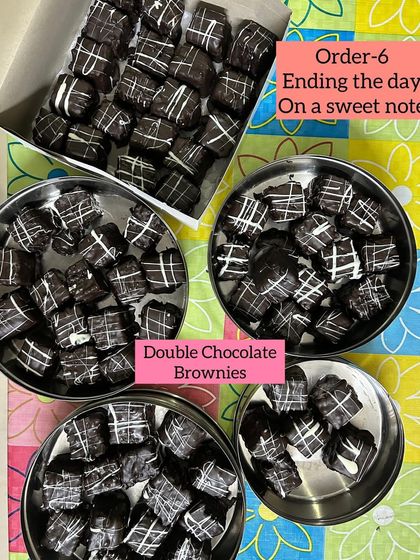 Ending the day on a sweet note with a large order of my signature Double Chocolate Brownies, drizzled with white chocolate.