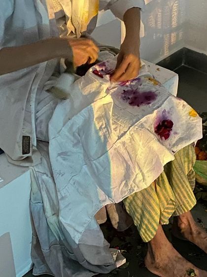 A close-up of the artist staining fabric with crushed flower petals, a key action in the 'Seeing is not the same as Looking' performance.