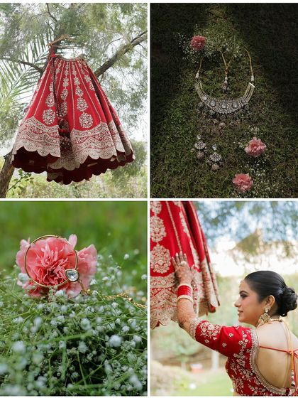 This collage focuses on the artistic details of the bridal ensemble. It features creative shots of the lehenga, the necklace laid on a bed of grass, and a close up of a bangle, telling a story through details.
