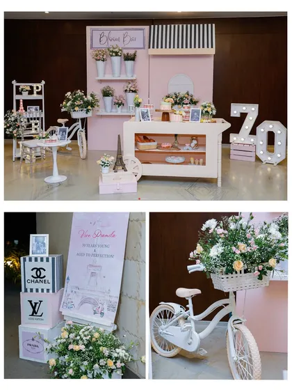 For a sophisticated 70th birthday, we brought a touch of Parisian luxury to life. This collage shows our custom dessert cart, a chic bloom bar, and designer-inspired welcome decor, demonstrating our ability to execute elegant and mature themes.