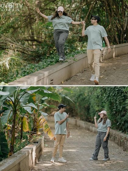 A collage of playful moments in a green, natural setting. Balancing on a ledge and sharing a laugh, these shots showcase the fun and adventurous side of their relationship.
