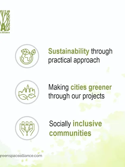 This graphic highlights our principles of achieving sustainability through a practical approach, making cities greener through our projects, and building socially inclusive communities. These values are at the heart of everything we do.