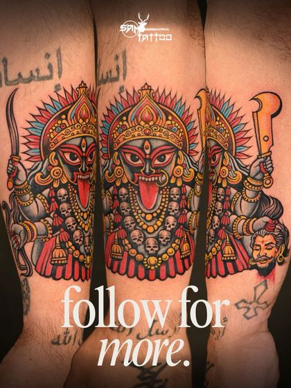 This vibrant Kali Maa tattoo was designed to cover up older script on the forearm. It shows how bold color and strong composition can be used for an effective and meaningful cover-up.