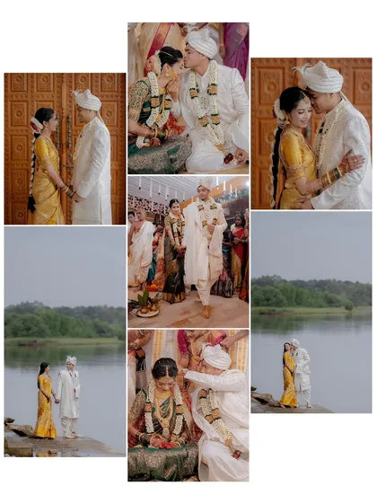 A creative collage from a riverside wedding, blending couple portraits with moments from their traditional ceremony.