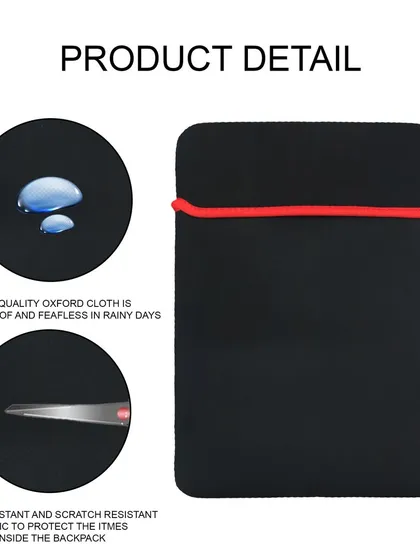 An infographic for a laptop sleeve detailing its features, such as waterproof oxford cloth and scratch-resistant fabric, using clear visuals.