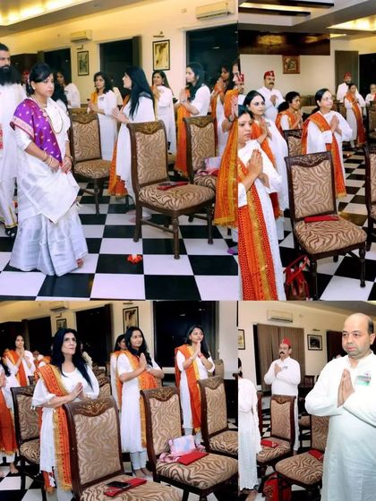 A collage from our Himalayan Retreat, showing participants in prayer and devotion. The orange and white attire signifies their dedication during the session.