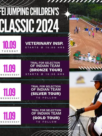 The schedule for the first days of the FEI Jumping Children's Classic, including veterinary inspections and trials for the selection of Team India.