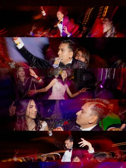 A collage of high-energy, motion-blurred dance floor moments from a Sangeet night. The red lighting and dynamic movement convey the wild and fun spirit of the party.