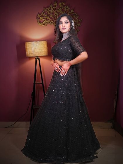 A full-length shot that captures the complete, glamorous look.