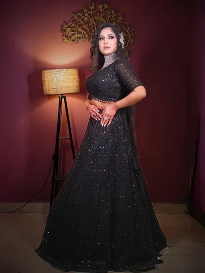 A full-length shot that captures the complete, glamorous look.