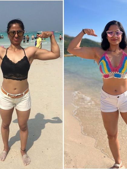 A front-double-biceps pose comparison from my Thailand trips in 2018 and 2024. This shows the muscle maturity and confidence gained over six years of consistent training.