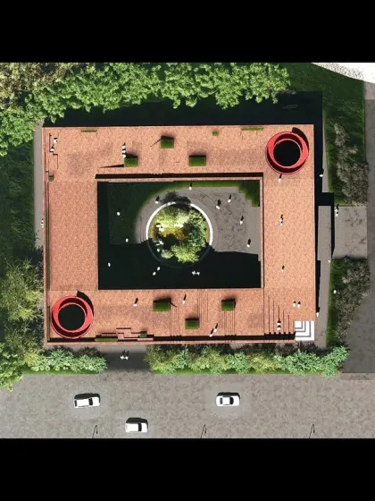 The first narrative we explored for the Nagpur Museum project. This version features a strong, walled outer geometry with a central courtyard for `sabhas` and a stepped terrace for public access.