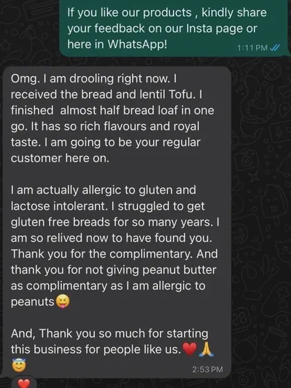 This is why I started Satvegik. Receiving messages like this from customers who can finally enjoy delicious bread despite gluten and lactose allergies makes every moment worthwhile.